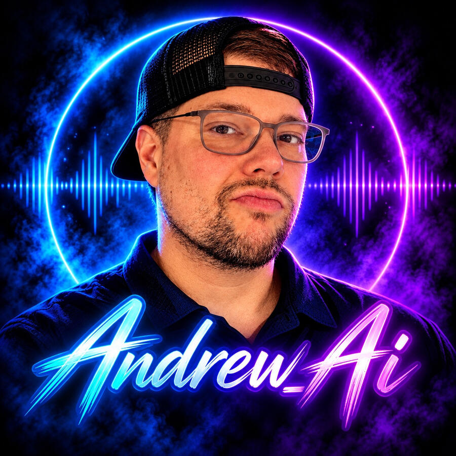 Andrew_Ai portrait with glasses, a backwards cap, and a glowing cyan and magenta ring.